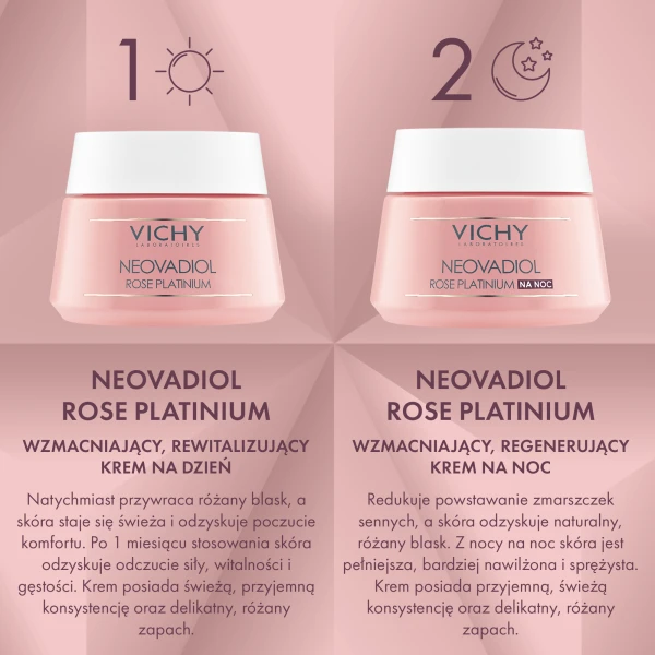 Zestaw Vichy Neovadiol Rose Platinium, różany krem do twarzy wzmacniająco-rewitalizujący, 50 ml + różany krem do twarzy na noc, 50 ml
