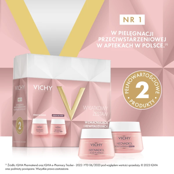 Zestaw Vichy Neovadiol Rose Platinium, różany krem do twarzy wzmacniająco-rewitalizujący, 50 ml + różany krem do twarzy na noc, 50 ml