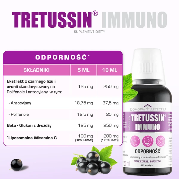 Tretussin Immuno, od 3 lat, smak czarnej porzeczki, 150 ml