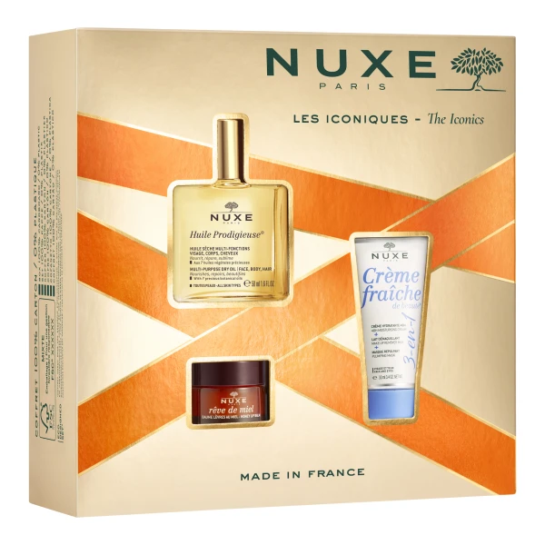 Zestaw Nuxe Huile Prodigieuse, suchy olejek, 50 ml + Rêve de Miel, balsam do ust, 15 g + Creme Fraiche de beaute, krem nawilżający, 30 ml