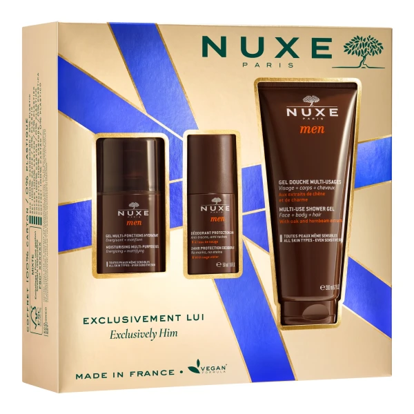 Zestaw Nuxe Men, wielofunkcyjny żel nawilżający do twarzy, 50 ml + dezodorant roll-on, 50 ml + żel pod prysznic, 200 ml