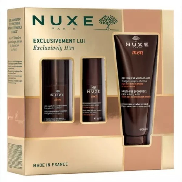 Zestaw Nuxe Men, wielofunkcyjny żel nawilżający do twarzy, 50 ml + dezodorant roll-on, 50 ml + żel pod prysznic, 200 ml