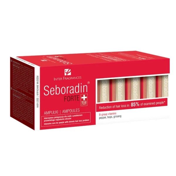 Zestaw Seboradin Forte Przeciw Wypadaniu Włosów, kuracja, 5,5 ml x 14 ampułek + booster, 50 ml + szampon, 200 ml w prezencie