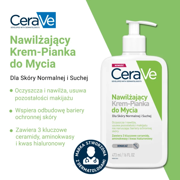 CeraVe, nawilżający krem-pianka do mycia, skóra normalna i sucha, 473 ml