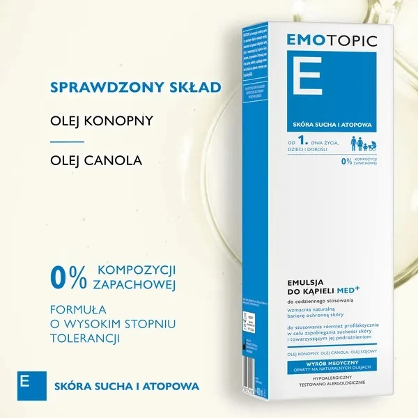 Emotopic Med+, emulsja do kąpieli od 1. dnia życia, skóra sucha i atopowa, 400 ml