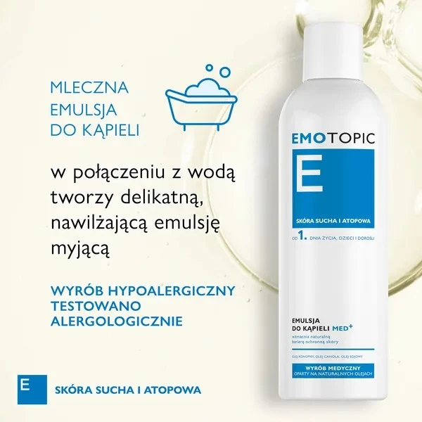 Emotopic Med+, emulsja do kąpieli od 1. dnia życia, skóra sucha i atopowa, 400 ml