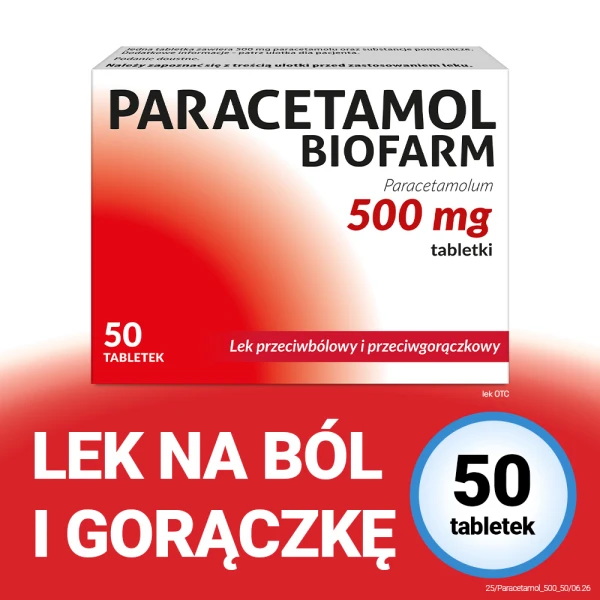 Paracetamol Biofarm 500 mg, lek przeciwbólowy i na gorączkę, 50 tabletek