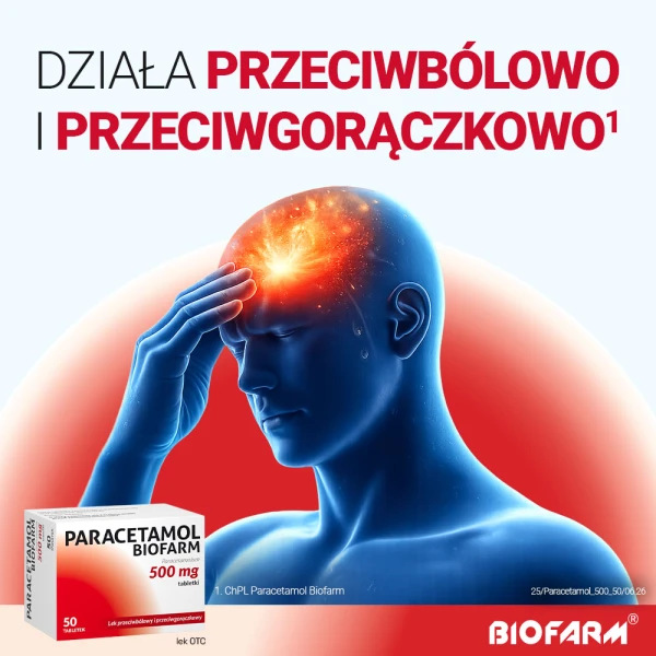 Paracetamol Biofarm 500 mg, lek przeciwbólowy i na gorączkę, 50 tabletek