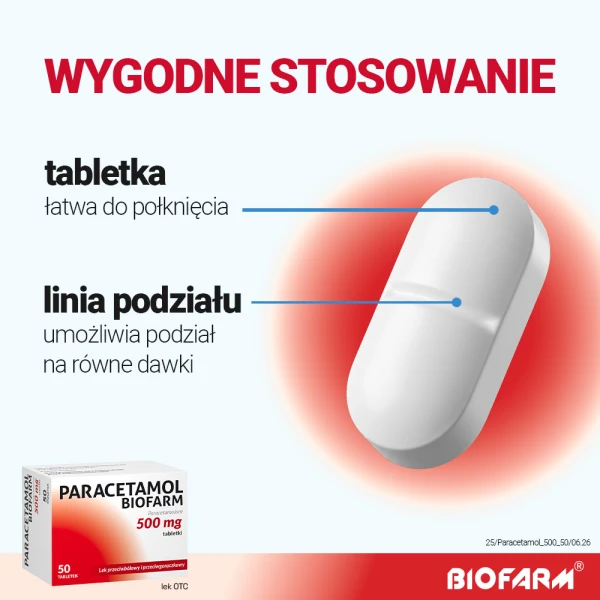Paracetamol Biofarm 500 mg, lek przeciwbólowy i na gorączkę, 50 tabletek