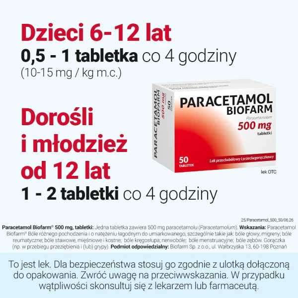 Paracetamol Biofarm 500 mg, lek przeciwbólowy i na gorączkę, 50 tabletek