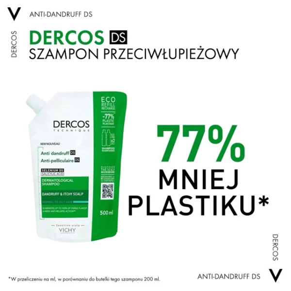 Vichy Dercos Anti Dandruff DS, szampon przeciwłupieżowy, włosy normalne i przetłuszczające się, zapas, 500 ml