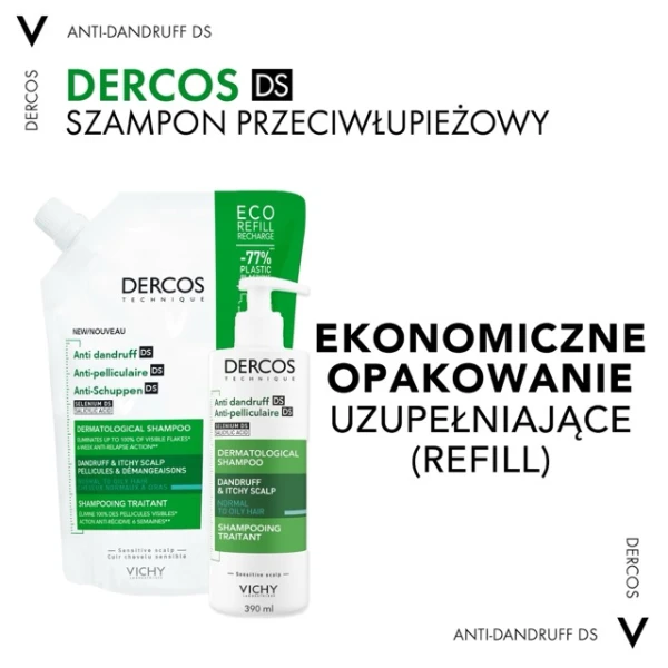 Vichy Dercos Anti Dandruff DS, szampon przeciwłupieżowy, włosy normalne i przetłuszczające się, zapas, 500 ml