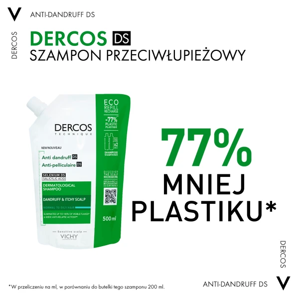 Vichy Dercos Anti Dandruff DS, szampon przeciwłupieżowy, włosy normalne i przetłuszczające się, zapas, 500 ml
