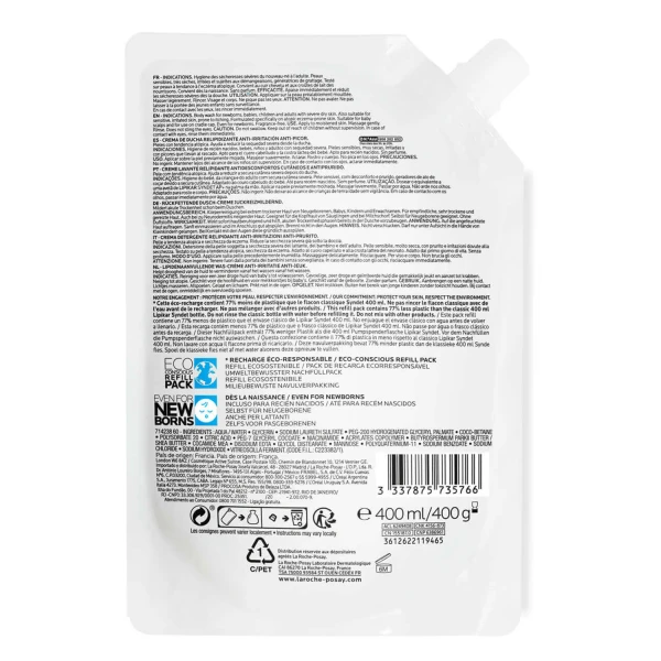 La Roche-Posay Lipikar Syndet AP+, krem myjący do ciała uzupełniający poziom lipidów, od urodzenia, zapas, 400 ml