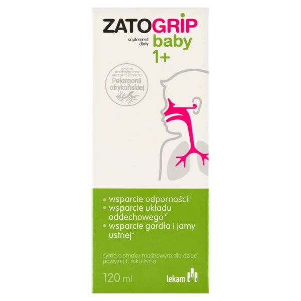 Zatogrip Baby 1+, Syrop o smaku malinowym dla dzieci powyżej 1 roku życia, 120 ml