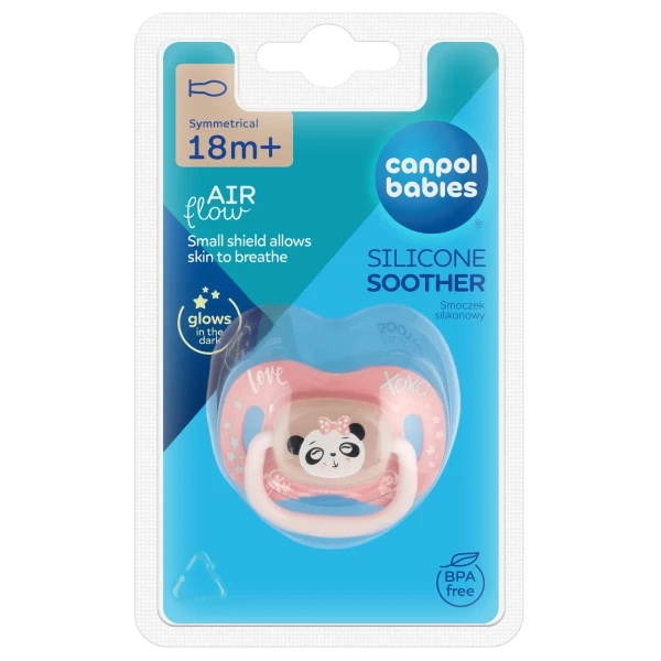 Canpol Babies, smoczek uspokajający, od 18 miesiąca, silikonowy, symetryczny, świecący w ciemności, Exotic Animals, panda, 1 sztuka
