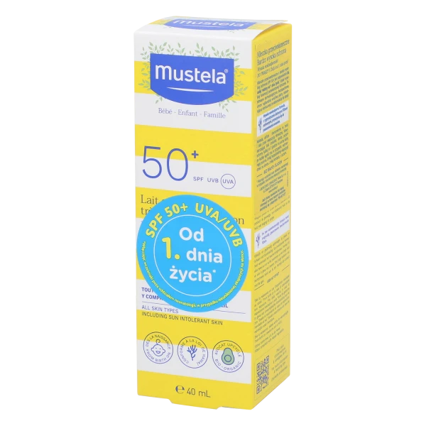 Zestaw Mustela Sun, Maluszek w podróży - skóra sucha, mleczko przeciwsłoneczne, SPF 50, 40 ml + olejek do masażu, 100 ml