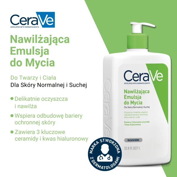 CeraVe, emulsja nawilżająca z ceramidami do mycia, skóra normalna i sucha, 1000 ml
