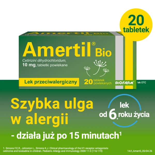 Amertil Bio 10 mg, na alergię, 20 tabletek powlekanych
