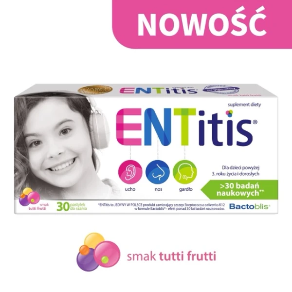 ENTitis dla dzieci po 3 roku życia, smak tutti frutti, 30 pastylek do ssania