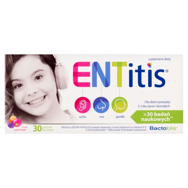 ENTitis dla dzieci po 3 roku życia, smak tutti frutti, 30 pastylek do ssania