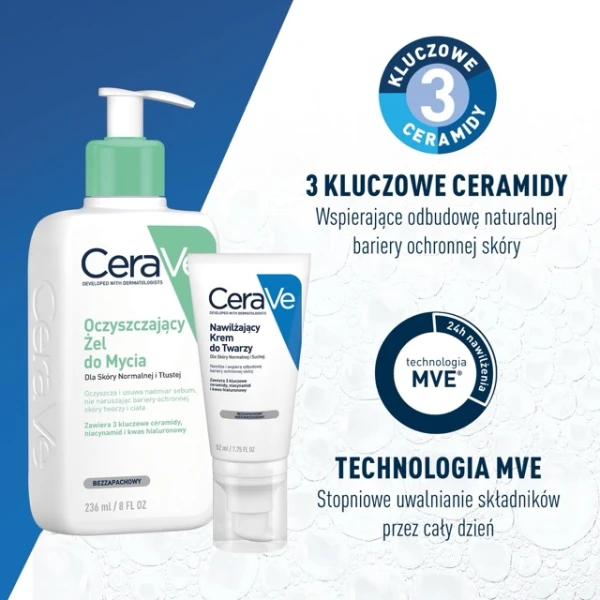 Zestaw CeraVe oczyszczający żel do mycia z ceramidami, skóra normalna i tłusta, 236 ml + nawilżający krem z ceramidami do twarzy, skóra normalna i sucha, 52 ml