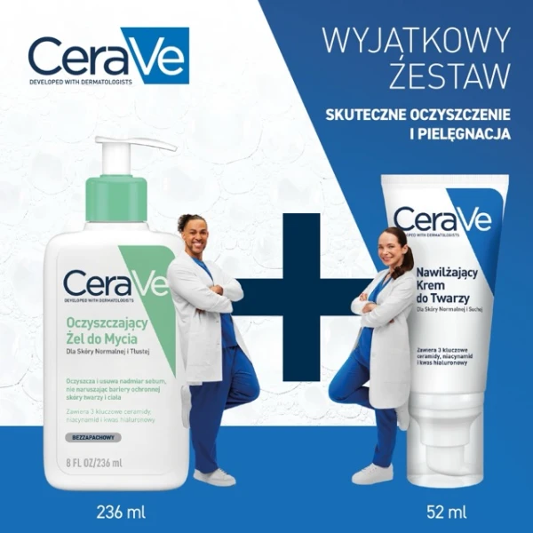 Zestaw CeraVe oczyszczający żel do mycia z ceramidami, skóra normalna i tłusta, 236 ml + nawilżający krem z ceramidami do twarzy, skóra normalna i sucha, 52 ml