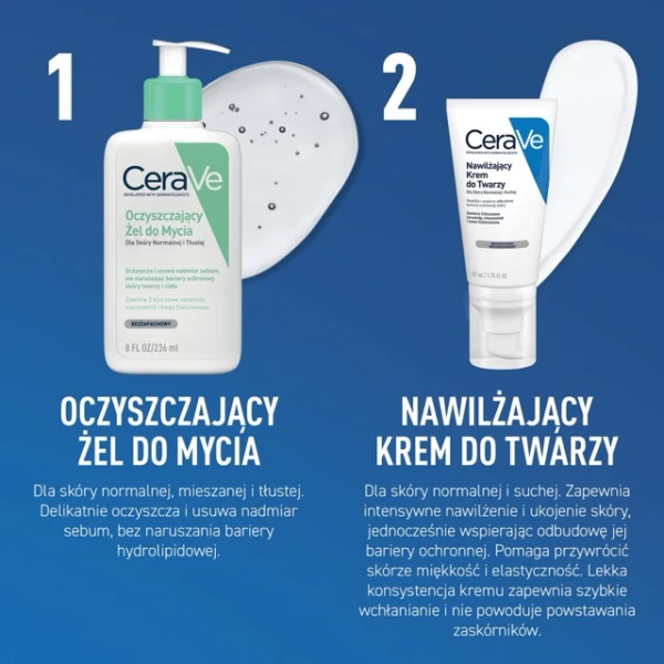 Zestaw CeraVe oczyszczający żel do mycia z ceramidami, skóra normalna i tłusta, 236 ml + nawilżający krem z ceramidami do twarzy, skóra normalna i sucha, 52 ml