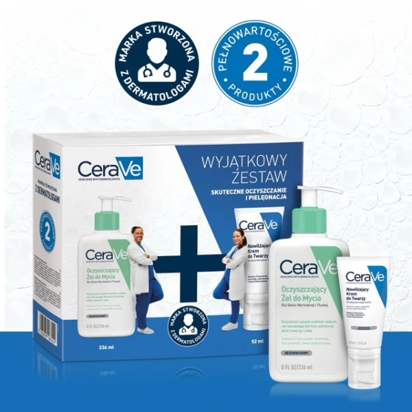 Zestaw CeraVe oczyszczający żel do mycia z ceramidami, skóra normalna i tłusta, 236 ml + nawilżający krem z ceramidami do twarzy, skóra normalna i sucha, 52 ml