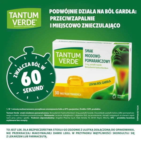 Tantum Verde 3 mg, smak miodowo-pomarańczowy, 30 pastylek twardych