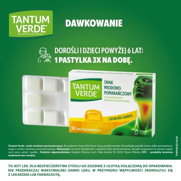 Tantum Verde 3 mg, smak miodowo-pomarańczowy, 30 pastylek twardych