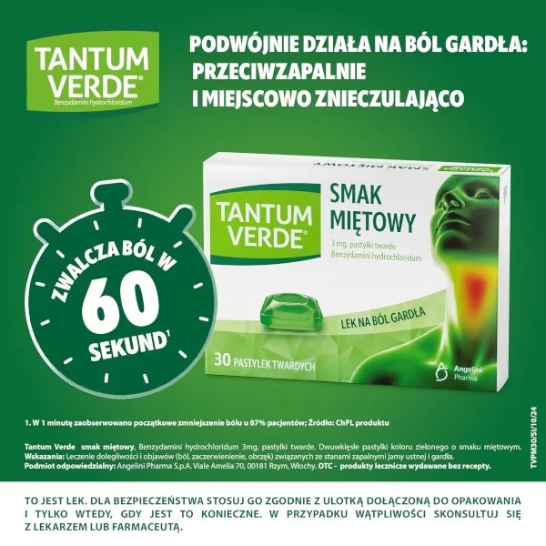 Tantum Verde 3 mg, smak miętowy, 30 pastylek twardych