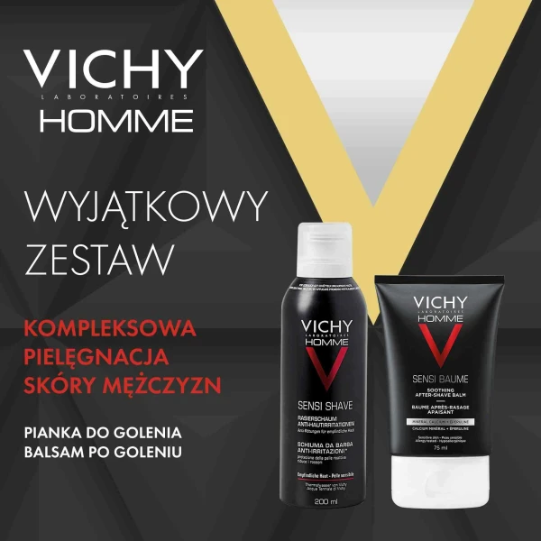 Zestaw Vichy Homme Sensi Shave, łagodna pianka do golenia przeciw podrażnieniom, 200 ml + kojący balsam po goleniu do skóry wrażliwej, 50 ml