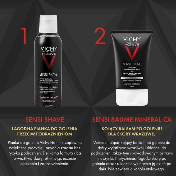 Zestaw Vichy Homme Sensi Shave, łagodna pianka do golenia przeciw podrażnieniom, 200 ml + kojący balsam po goleniu do skóry wrażliwej, 50 ml