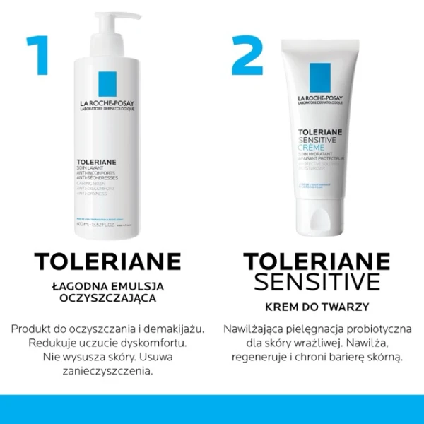 Zestaw La Roche-Posay Toleriane, łagodna emulsja oczyszczająca dla wrażliwej skóry twarzy, 400 ml + Sensitive krem nawilżający, 40 ml