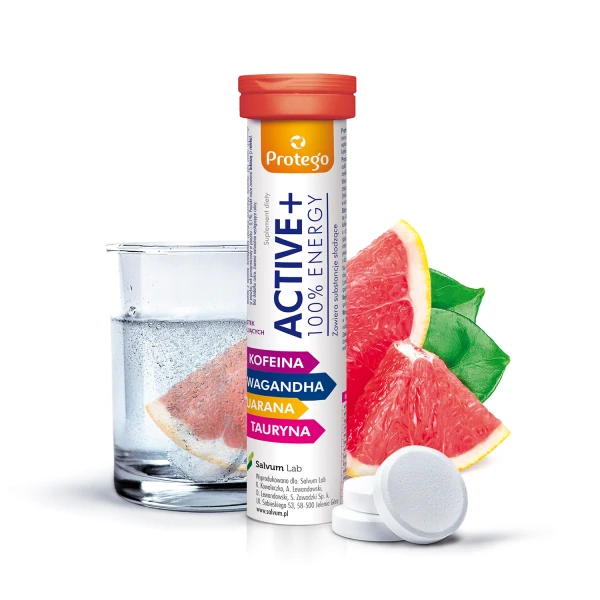 Protego Active + 100% Energy, smak grejpfrutowy, 20 tabletek musujących