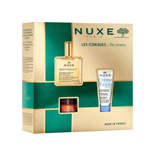 Zestaw Nuxe Bestsellery Huile Prodigieuse, suchy olejek, 50 ml + odżywczy balsam do ust, 15 g + krem nawilżający 3w1, 30 ml