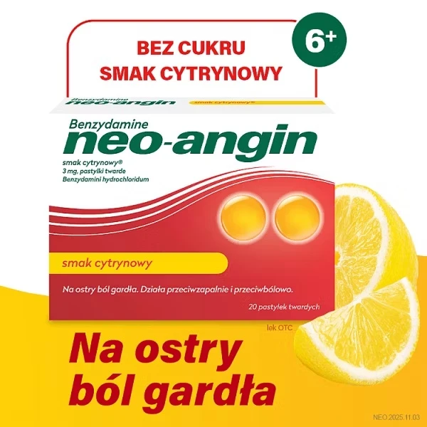 Benzydamine neo-angin 3 mg, smak cytrynowy, 20 pastylek twardych