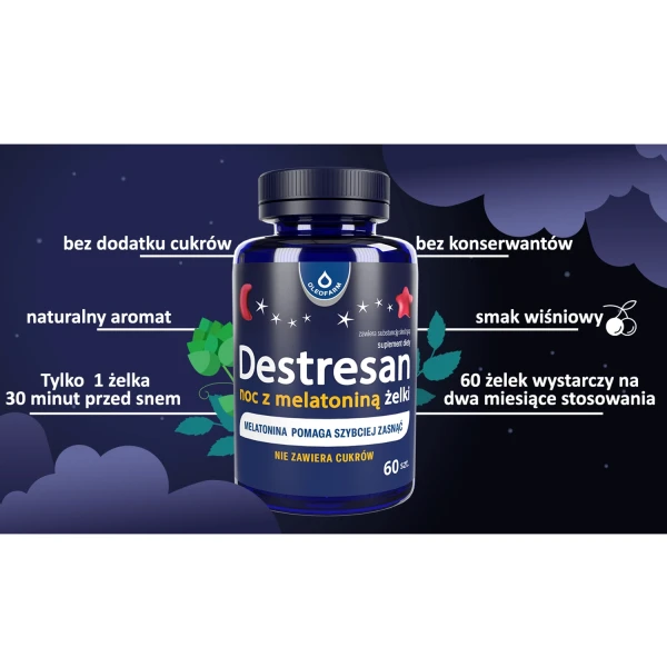 Destresan Noc z melatoniną żelki, smak wiśniowy, 60 sztuk