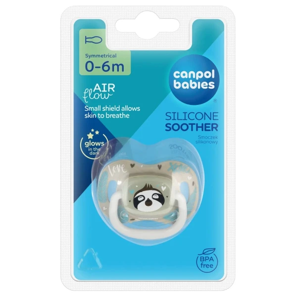 Canpol Babies, smoczek uspokajający, 0-6 miesięcy, silikonowy, symetryczny, świecący w ciemności, Exotic Animals, leniwiec, 1 sztuka