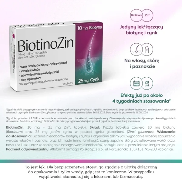 BiotinoZin, 10 mg + 25 mg Zn2+, 30 tabletek