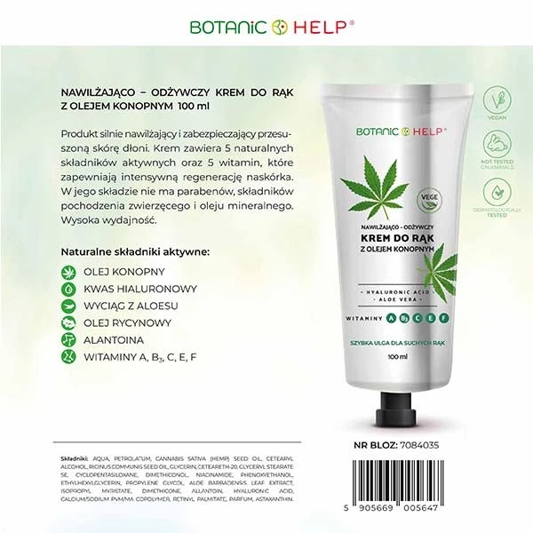 Botanic Help, nawilżająco-odżywczy krem do rąk z olejem konopnym, 100 ml
