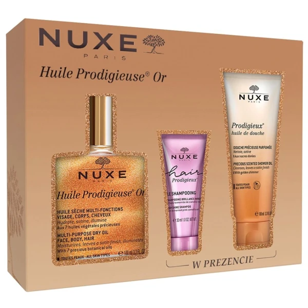 Zestaw Nuxe Huile Prodigieuse® Or, suchy olejek ze złotymi drobinkami 100 ml + szampon, 30 ml + olejek pod prysznic, 100 ml