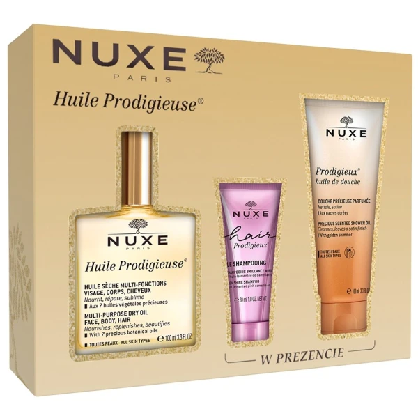 Zestaw Nuxe Huile Prodigieuse, suchy olejek, 100 ml + szampon, 30 ml + olejek pod prysznic, 100 ml