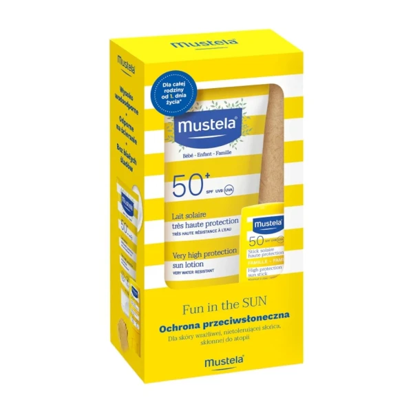 Zestaw Mustela Fun in the Sun,  mleczko SPF 50+, 100 ml + sztyf SPF 50+, 9 ml