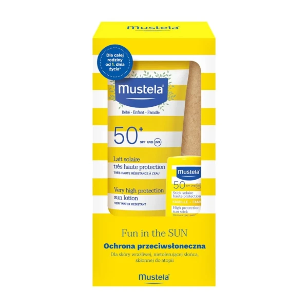 Zestaw Mustela Fun in the Sun,  mleczko SPF 50+, 100 ml + sztyf SPF 50+, 9 ml