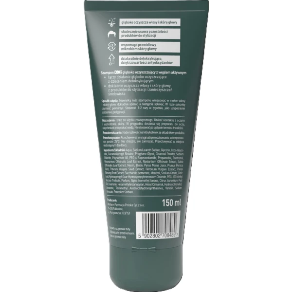 DX2, szampon dla mężczyzn głęboko oczyszczający z węglem aktywnym, 150 ml
