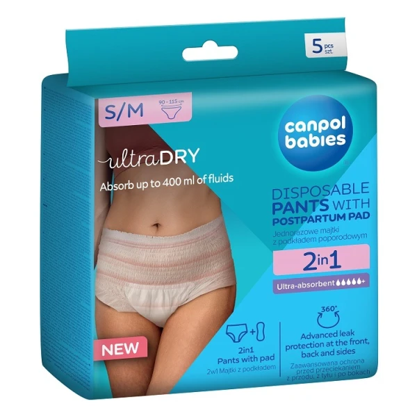 Canpol Babies, oddychające majtki poporodowe 2w1, z podkładem, jednorazowe, rozmiar S/M