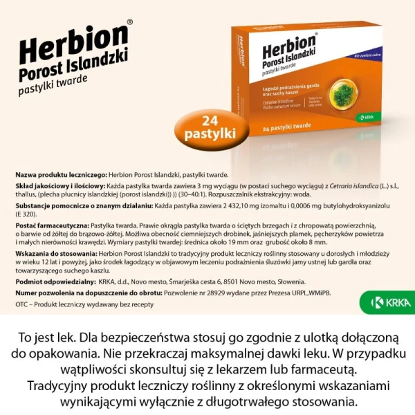 Herbion Porost Islandzki 3 mg, 24 pastylki twarde