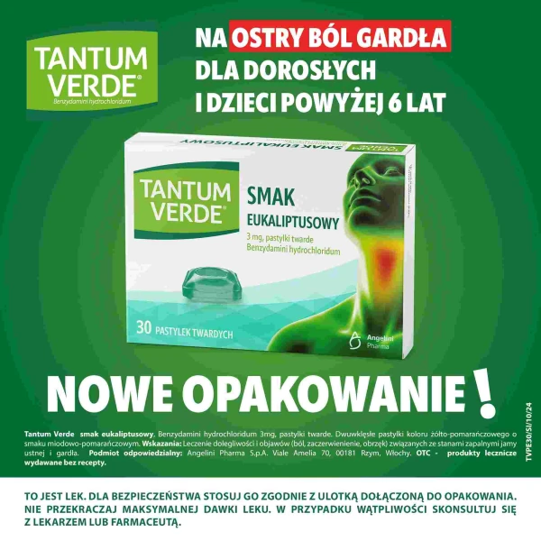 Tantum Verde 3 mg, smak eukaliptusowy, 30 pastylek twardych